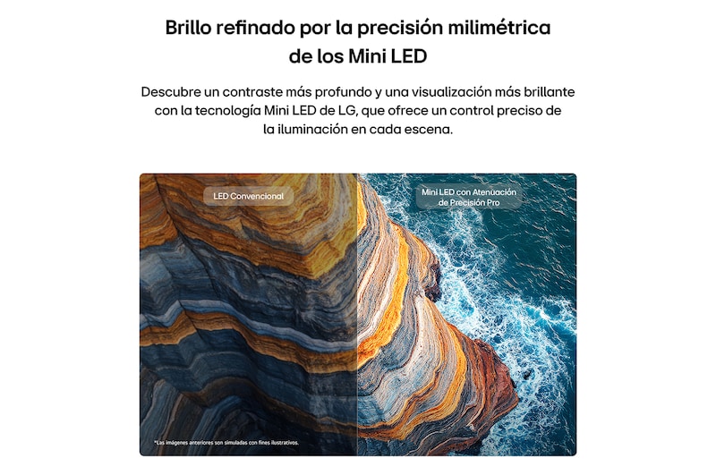 LG QNED AI QNED74 Mini LED highlights how its Mini LED reveals sharper rock textures and clearer ocean detail than conventional LED in a split coastal cliff scene, delivering deeper blacks and more refined contrast for greater clarity and depth.